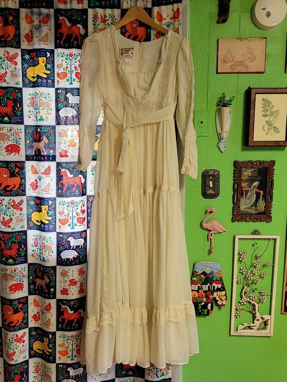 Vintage 70s Gunne Sax Maxi Dress 11 Ivory Floral Lace Tiered Ruffle Empire Waist